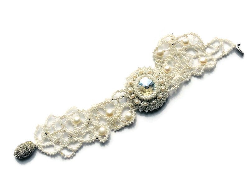 White Bridal Beadwoven Bracelet Rivoli Stone Moonlight Wedding - …