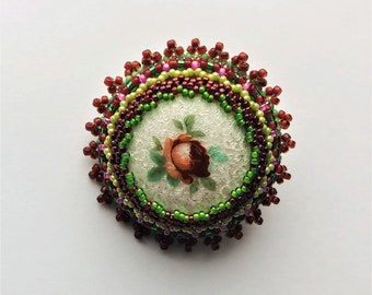 Lovely Art Deco Enamel Brooch Rose Flower Beaded Bezel Guilloche Red Green Brooch Unique Gift for Her Beadwork embroidery by enchantedbeads