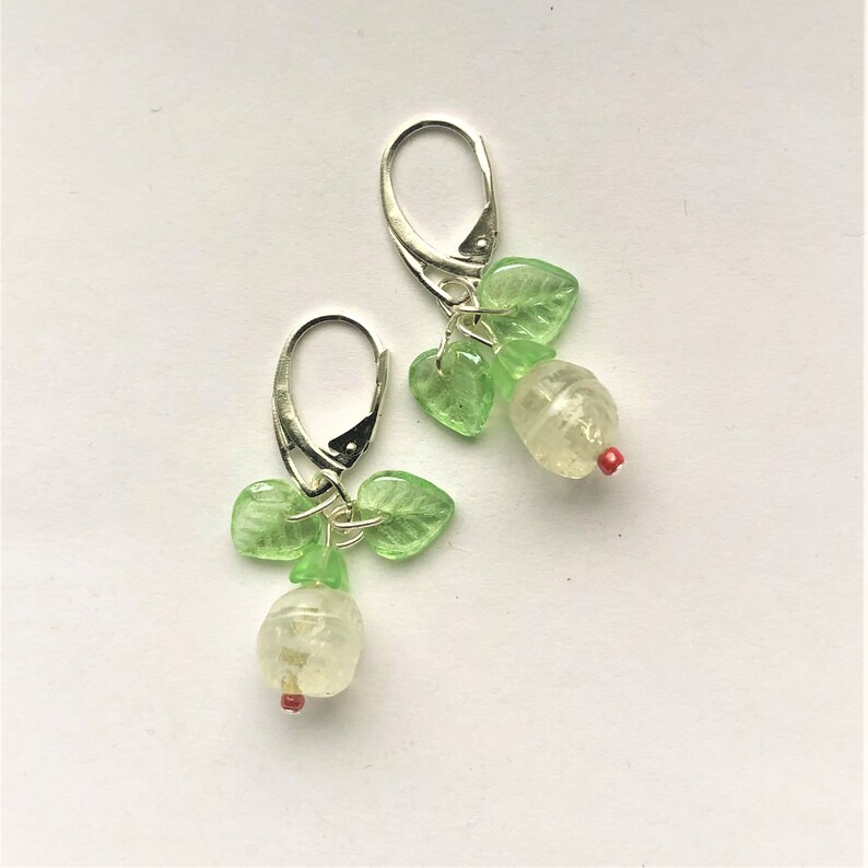 Flower Bud Earrings Sterling Sil. Earrings Beaded Clear Flower White Floral Green Leaf Earrings Spring Summer Gift for her by enchantedbeads image 1