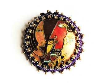 Party Pin Picasso Style Beadwoven Brooch Red Gold Brown Brooch Cloisonné Enamel Theater Lovers Gift Actor, Actress by ileanaEnchantedBeads