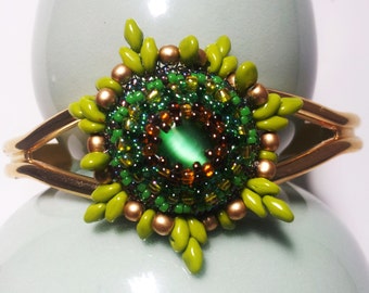 Beaded/  Beadwoven . Superduo Bracelet . Emerald Green Cat's Eye Cabochon . Metal Base Statement Cuff- Green Grass by enchantedbeads on Etsy