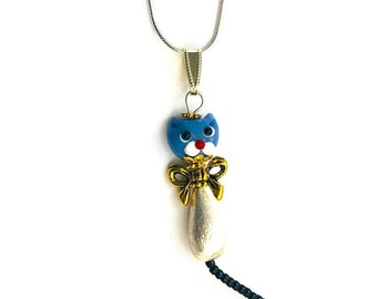 Cat Pendant with Bow, white pink blue yellow, brushed Silver, Tear drop Silver Filled snake chain cute Kitten Gift for her by EnchantedBeads