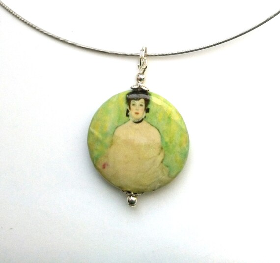 Art Nouveau Woman Painting reproduction by Gustav Klimt Choker Necklace Round pendant Romantic Portrait Silver Pl Neckwire by enchantedbeads