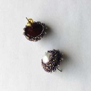 Beadwoven Bead Embroidered Post Earrings simulated faux Pearl Studs golden purple lilac Beadwork Sparkle Round Her Gift by enchantedbeads image 5