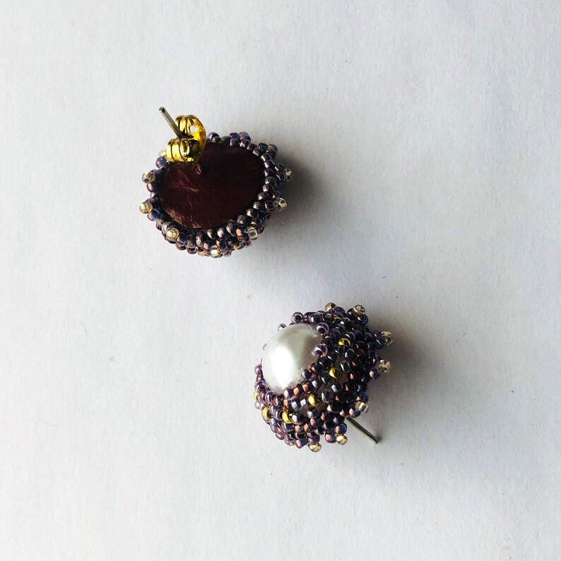 Beadwoven Bead Embroidered Post Earrings simulated faux Pearl Studs golden purple lilac Beadwork Sparkle Round Her Gift by enchantedbeads image 5