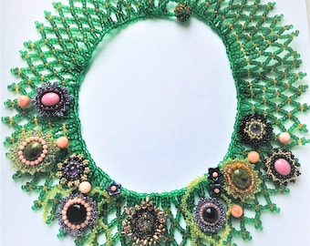 Beadwoven Necklace Floral Collar for Her Agate, Amethyst, Coral, Peridot, Garnet, Jasper, Gemstones My Secret Garden OOAK by enchantedbeads