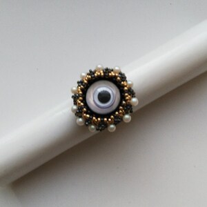 Beadwoven Adjustable Evil Eye Ring, Halloween Seed Bead Round Floral Ring, Statement Cocktail Ring, Glance Of The Eye, Unique Gift for Her