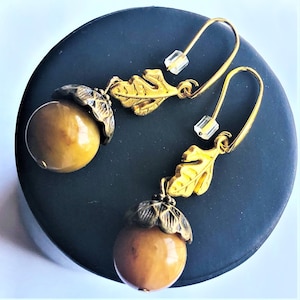 Acorn Earrings Agate Aventurine Honey Color Golden Brass Oak Leaves Gold Filled French Ear wires Autumn Fall Gift for her by enchantedbeads