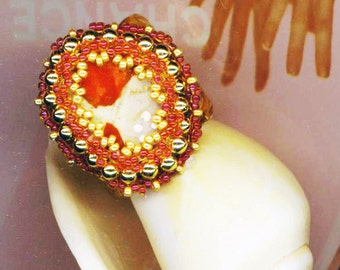 Beadwoven Adjustable Broken China Ring Golden Filigree Recycled Porcelain Red& Gold Cocktail Ring China Ring Gift for her by enchantedbeads