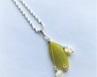 White Lily of the Valley Flowers MOP Pendant Sterling Silver Water-wave Chain Large Jade Leaf Bridal Anniversary Wedding by enchantedbeads