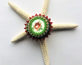 Lovely Art Deco Enamel Brooch Rose Flower Beaded Bezel Guilloche Red Green Small Brooch Gift for Her Beadwork Embroidery by enchantedbeads