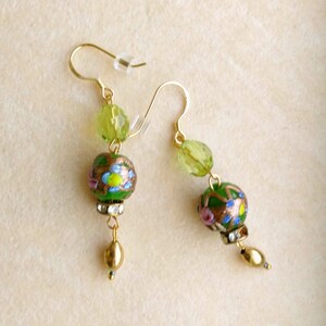 Cloisonné/ Enameled Earrings, Green and Pink Gold Design Earrings, Gold Filled French Ear Wires. Golden Blossoms Earrings, Cute Gift for her