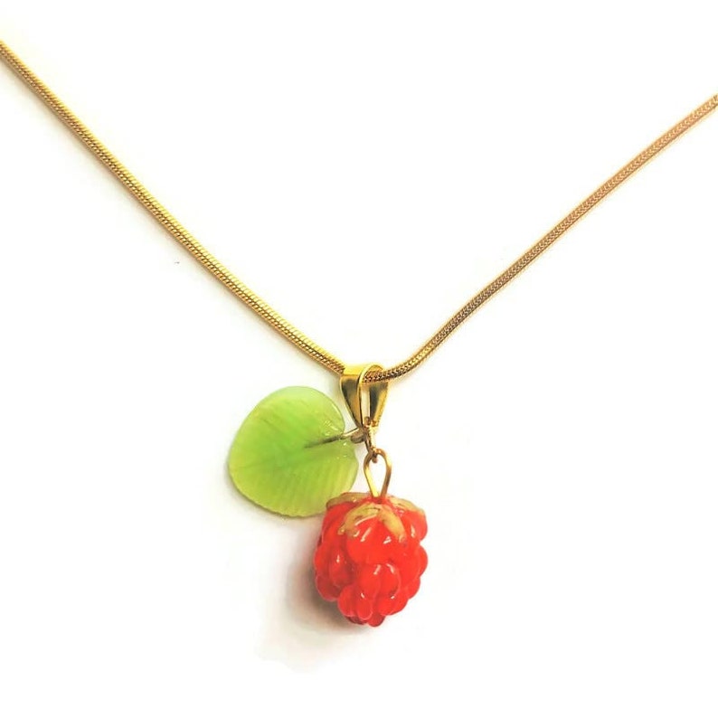Realistic Raspberry Red Fruit Lampwork Glass Pendant Gold Plate Snake Chain Necklace Summer Food Red Necklace Gift for Her by enchantedbeads image 2
