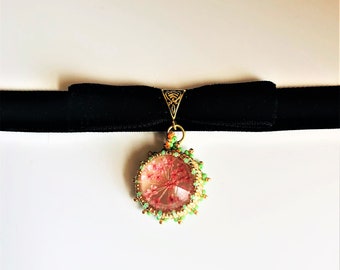 Beadwoven Real Pressed Hot Pink Dry Flower Clear Sphere Pendant Black Velvet Choker Valentines Mother's Day Gift by ileanaEnchantedBeads