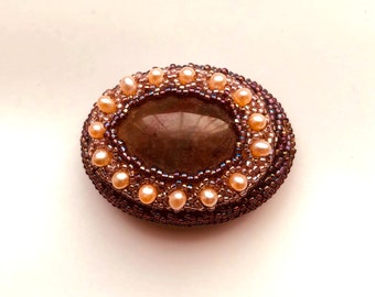 Statement Agate Embroidered Brooch Beadwoven Oval Agate Brooch Gift for her Agate Gemstone Genuine Pearl Mystic Agate Pin by enchantedbeads