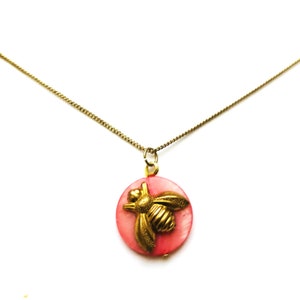 Cute Bee Pendant Halloween Bumble Bee Victorian Necklace Honey Gold plated Bee pink Mother of pearl Pendant Gift for Her by enchantedbeads image 1