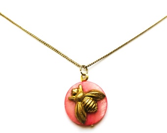 Cute Bee Pendant Halloween Bumble Bee Victorian Necklace Honey Gold plated Bee pink Mother of pearl Pendant Gift for Her by enchantedbeads