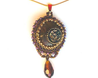 Beadwoven Fall Necklace Embroidered Rutilated Quartz Pendant OOAK Autumn Necklace Gold Filed Chain Unique Gift for Her by enchantedbeads