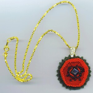 Beadwoven Red Poppy Pendant Necklace, Onyx Floral Beadwork image 1