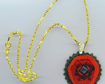 Red Poppy Poppies Necklace Beadwoven Floral Pendant Moss Green Beadwork Pendant Black Onyx OOAK Flower Red Poppy Necklace by enchantedbeads