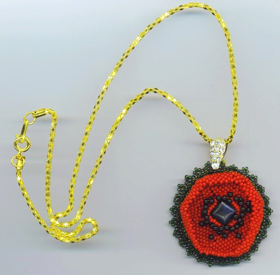 Beadwoven Red Poppy Pendant Necklace, Onyx Floral Beadwork