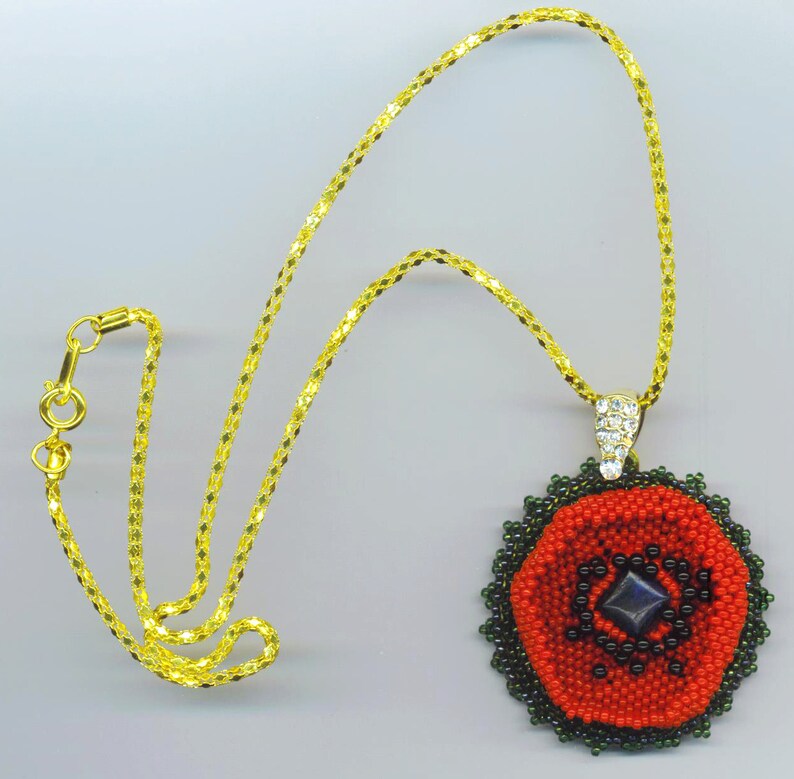 Beadwoven Red Poppy Pendant Necklace, Onyx Floral Beadwork image 1
