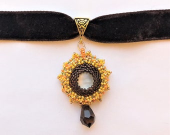 Beadwoven Sunburst Pendant Choker: Opalite, Velvet Ribbon, Autumn Jewelry