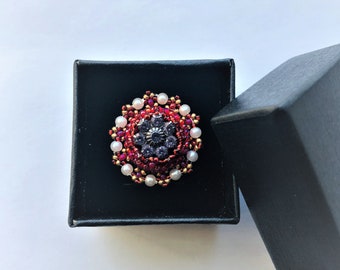 Round Beadwoven Red Ring Floral Rhinestone Vintage Crystal Ring Silver Plated Adjustable Ring Lacy Beadwork Gift for Her by enchantedbeads