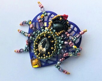 Beadwoven Spider Brooch Purple Heart Spider Web Brooch Halloween Gift Insect Autumn Fall Brooch Embroidered Holiday Brooch by enchantedbeads