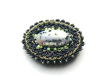 Oval Beadwoven Statement Brooch Silver White & Gray Natural Dendritic Opal Unique Brooch Embroidered Gemstone Pin for Her by enchantedbeads