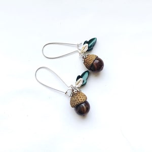 Unique Brown Acorn Earrings, 12 mm marbled stone, green Lucite Moon-glow Small Oak Leaf, Silver Plated Kidney Ear Wires, Natural Acorn Cap