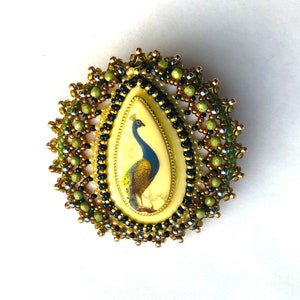 Beadwoven Peacock Statement Brooch Green Blue Beige Golden Bird Brooch Bead Embroidery OOAK Peacock Large Pin Gift for her by enchantedbeads image 1