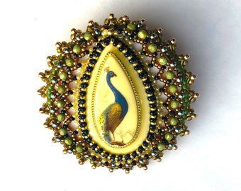 Beadwoven Peacock Statement Brooch Green Blue Beige Golden Bird Brooch Bead Embroidery OOAK Peacock Large Pin Gift for her by enchantedbeads