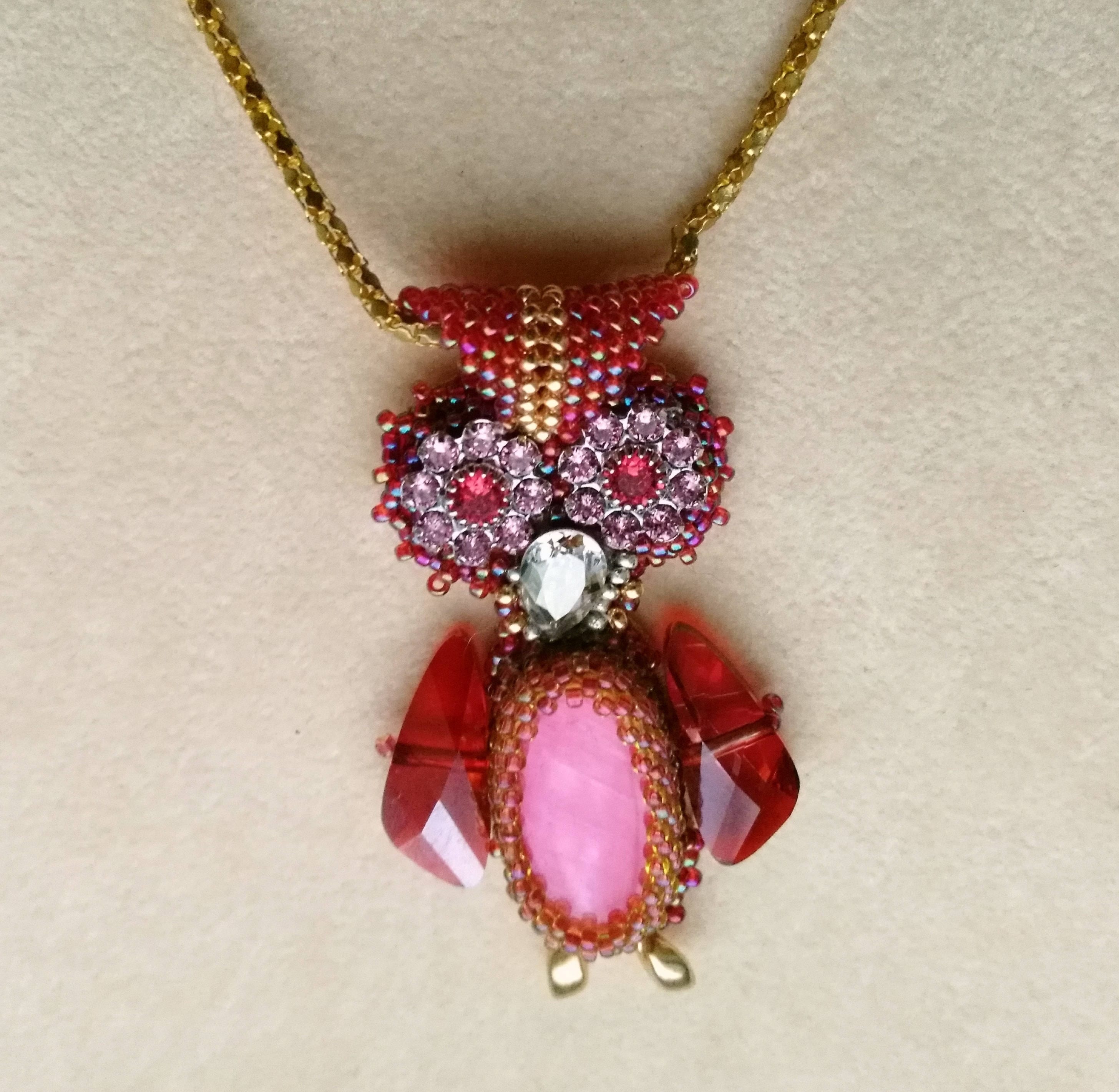 Beadwoven Owl Pendant Breast Cancer Awareness Beadwoven Bird Swarovski Rondelle Eyes Faceted Crystal