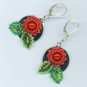 Sterling Silver Red Floral Earrings Beadwoven Dangle Red Jasper Green Leaves Round Floral Christmas Earrings Gift for Her by enchantedbeads image 3