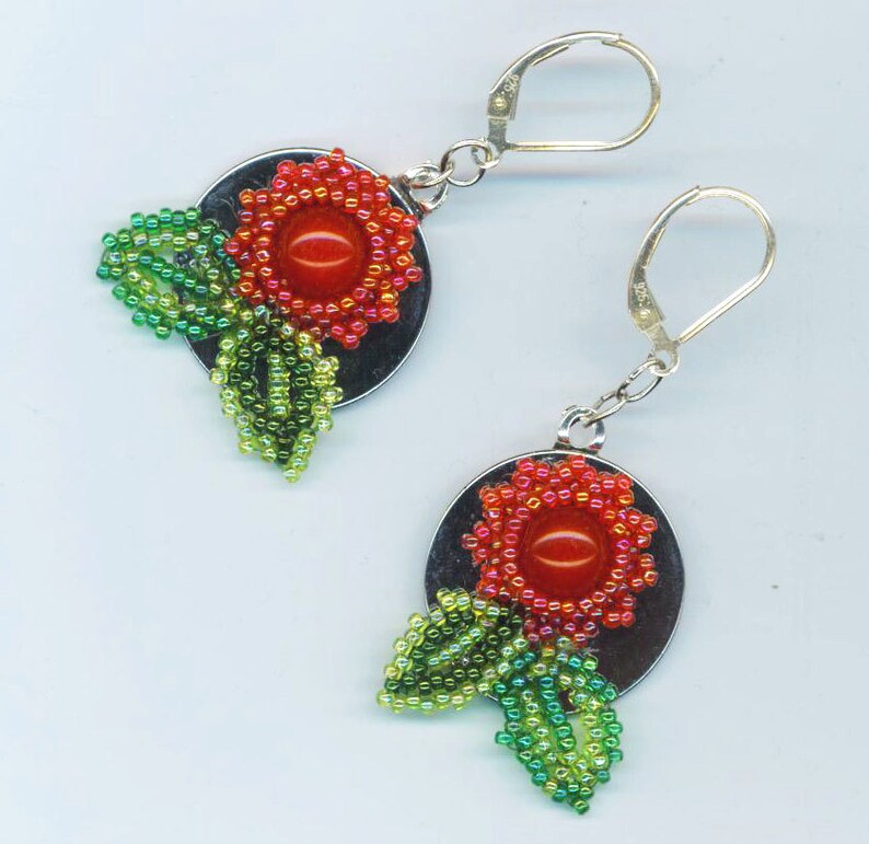 Sterling Silver Red Floral Earrings Beadwoven Dangle Red Jasper Green Leaves Round Floral Christmas Earrings Gift for Her by enchantedbeads image 3