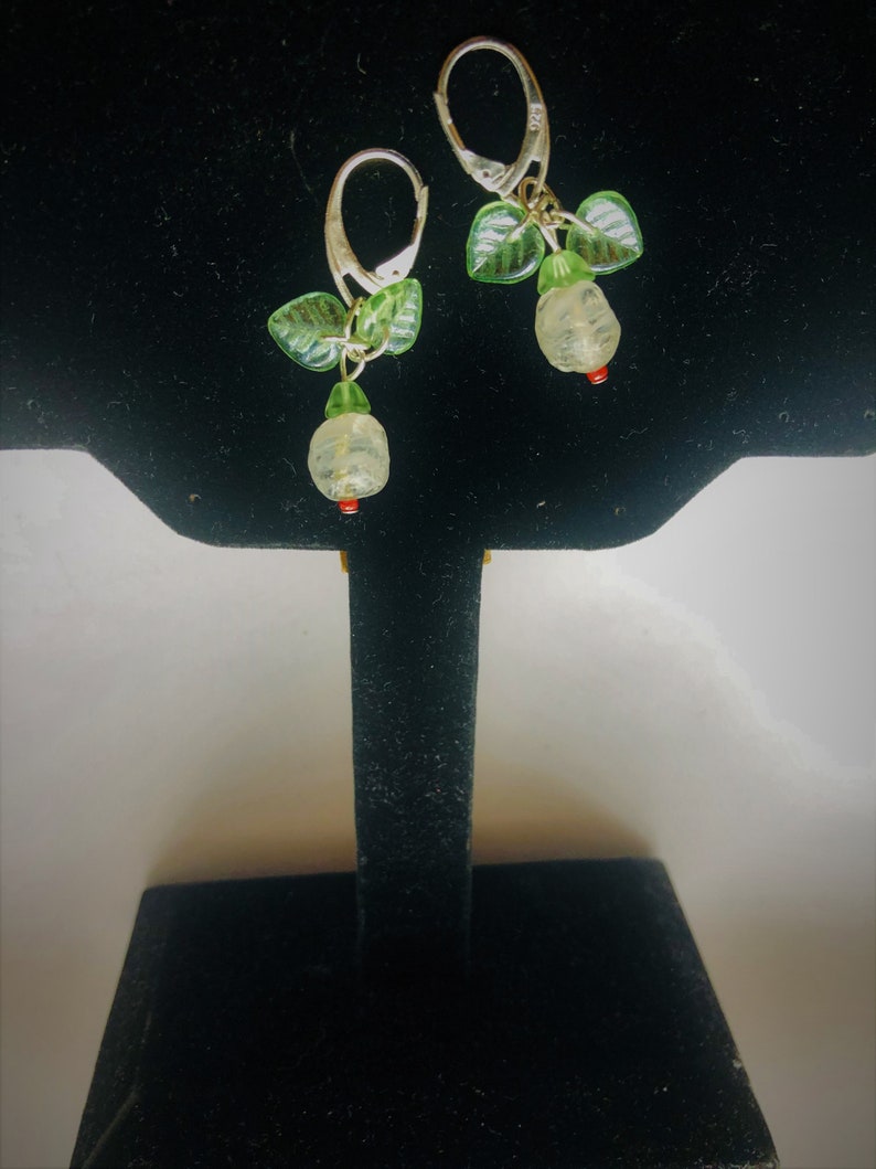 Flower Bud Earrings Sterling Sil. Earrings Beaded Clear Flower White Floral Green Leaf Earrings Spring Summer Gift for her by enchantedbeads image 4