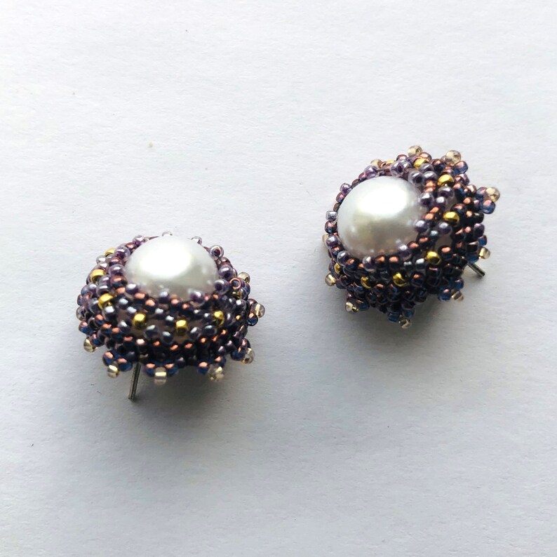 Beadwoven Bead Embroidered Post Earrings simulated faux Pearl Studs golden purple lilac Beadwork Sparkle Round Her Gift by enchantedbeads image 4