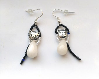 White Jade Tear Drop Cat Earrings Antique Silver Black& White Cat Earrings Silver Plated Halloween Cute Cats for her by ileanaEnchantedBeads