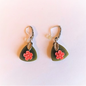 Tibetan Silver Red Floral Earrings Dangle Green Asparagus Vintage Bakelite Triangle Coral Flower Christmas Earring for her by enchantedbeads