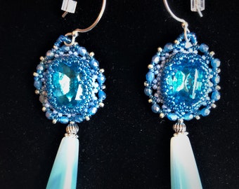 Beadwoven Blue Rhinestone Long Earrings Teardrop Agate Bead Sterling Earrings Blue Faceted Vintage Rhinestone Gift for Her by enchantedbeads