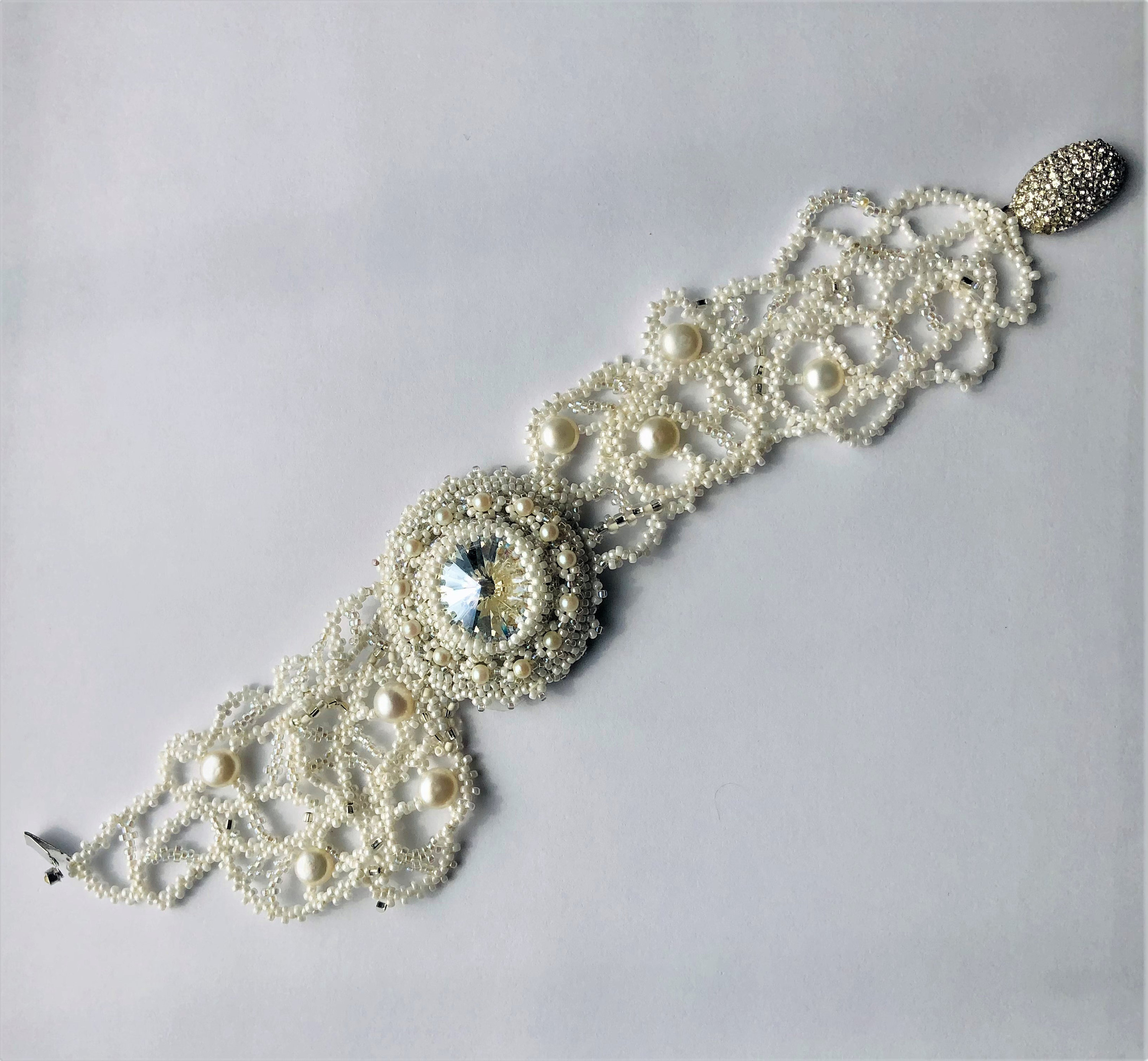 White Bridal Beadwoven Bracelet Rivoli Stone Moonlig…