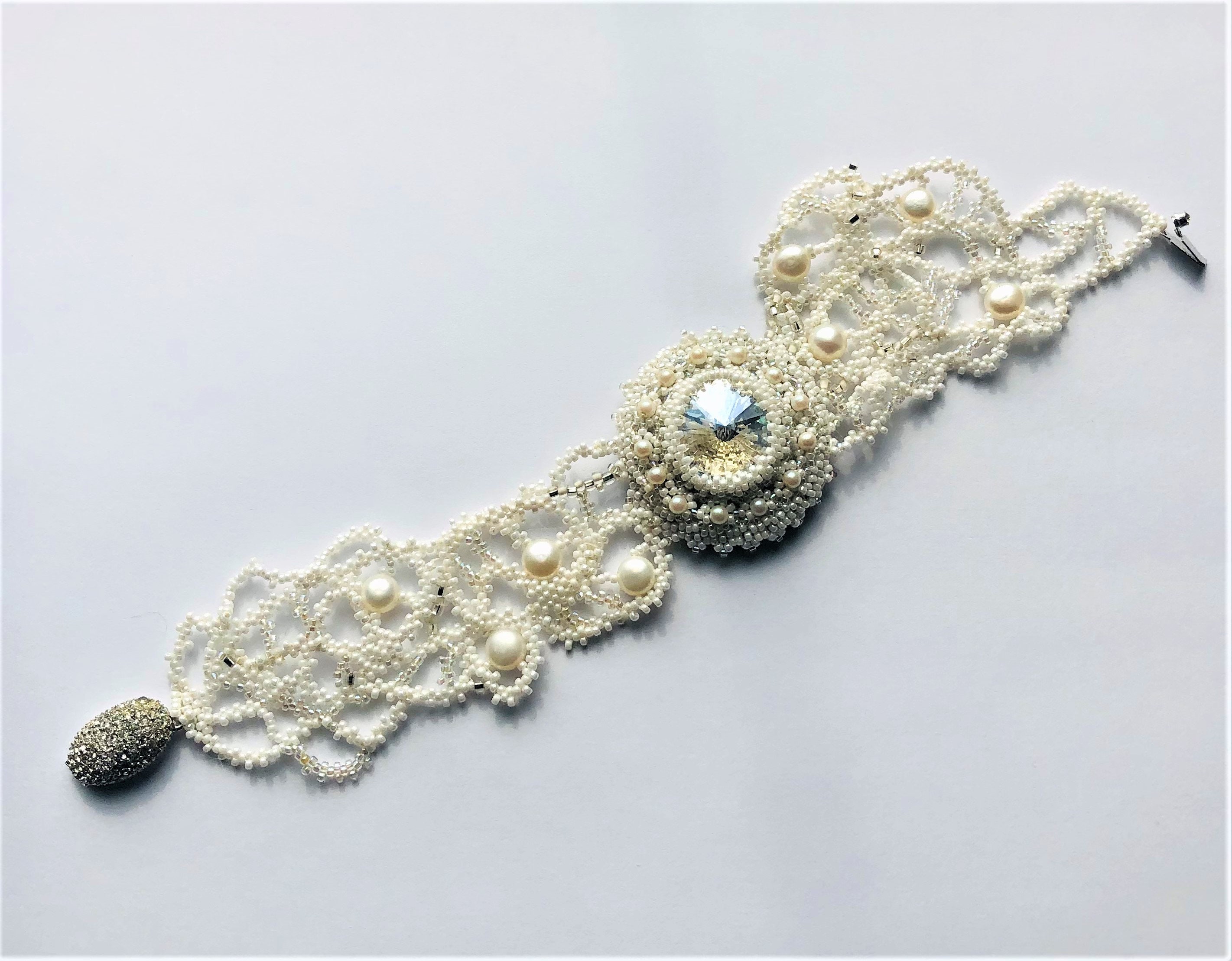 White Bridal Beadwoven Bracelet Rivoli Stone Moonlight Wedding - …
