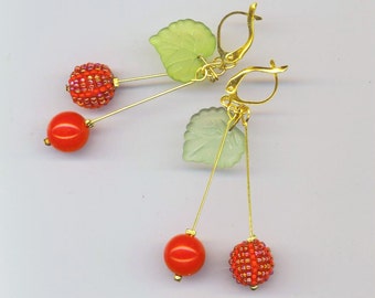 Beadwoven Cherry Earrings Red Beaded Beads Cherries Kiwi Green Leaves Earrings Christmas Earrings Cute Fruit Gift for Her by enchantedbeads