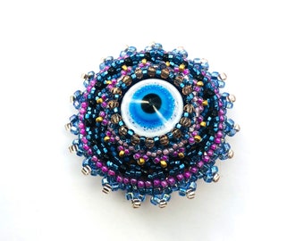 Beadwoven Blue Ombre Bead Embroidered Brooch, Royal Blue, Sky Blue Eye, 35 x 35 mm Colorful Pin, Halloween Gift for Her by enchantedbeads