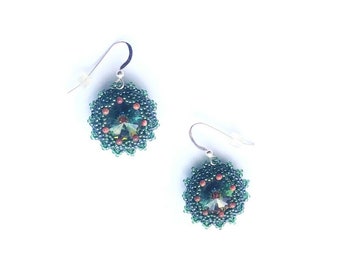 Swarovski Green Beadwoven Embroidered Dangling Earrings Small goldstone beads Sterling Silver French ear Wire Gift for Her by enchantedbeads