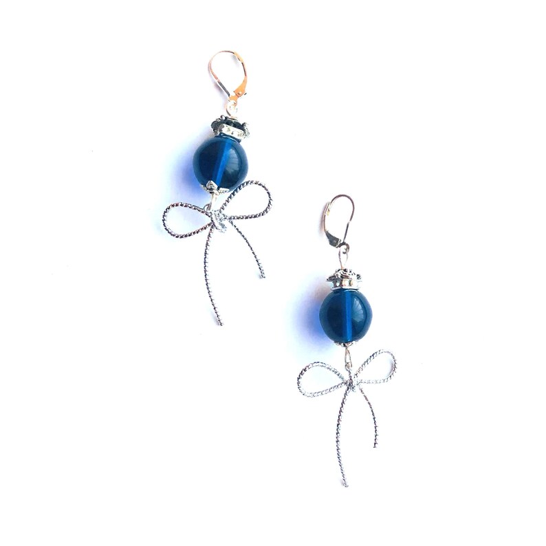 Royal Blue Large Glass Bead Earrings, Rhinestone Roundels Sterling Silver Leverback Silver Bow Romance Holidays Gift by ileanaEnchantedBeads image 2