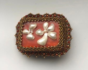 Orange Caramel Calcite Beadwoven Brooch Mother of Pearl White Petal Flower Floral Design burnt orange Brooch Gift for Her by enchantedbeads