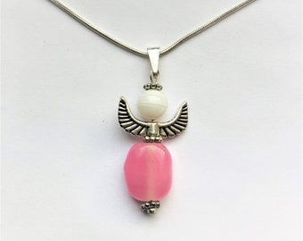 Pink Stone Angel Pendant, Silver Plated 23" Chain, Cancer Awareness