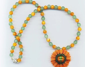 Beadwoven Necklace Orange Flower Necklace green orange Pendant Aventurine Statement Necklace Gift for her Floral Necklace by enchantedbeads